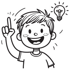 Cheerful Black and White Line Art of Boy with Idea Lightbulb