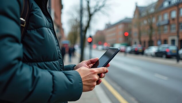 Person using smartphone at urban bus stop