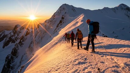 Dramatic mountain climbers ascending snowy peak at sunrise, adventure lifestyle and team collaboration concept