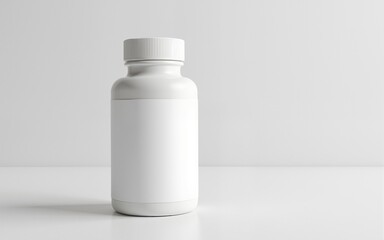 White plastic medicine bottle with a blank label for product branding mockup on a clean studio background. High quality