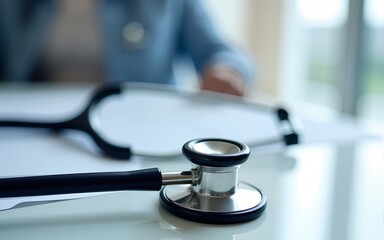 Medical Stethoscope on Desk with Healthcare Image. High quality