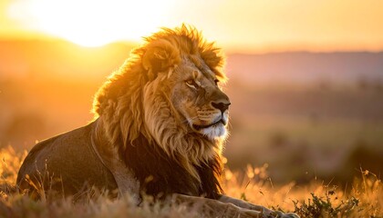 A majestic lion, bathed in golden sunlight, rests regally. The portrait focuses on the lion's mane and gaze, set against an out-of-focus savanna backdrop