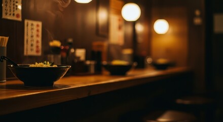 Steaming bowl of hot noodles rests on a wooden counter in a dimly lit establishment