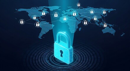 Advanced Global Network Security System Protecting Data and Information Worldwide Illustrated with Digital World Map and Central Glowing Padlock Symbolizing Encryption