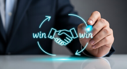 Businessman drawing win win handshake symbol with glowing neon light