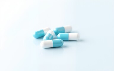 Capsules in blue and white fall on white background with space for medical product branding. High quality