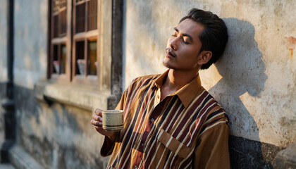 Man with eyes closed holding a cup against a textured wall.