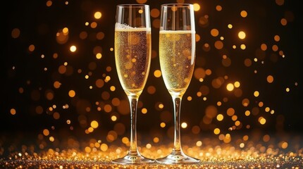 Two champagne flutes filled with bubbly drink on a sparkling golden surface with bokeh lights behind, happy new year, christmas party,