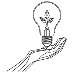Minimalist Outline Art of Hand Holding Light Bulb with Sprouting Leaves
