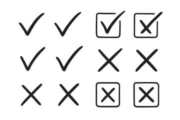 Hand Drawn Doodle Checkmark and Cross Vector Icon Set