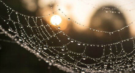 Macro photograph of a spider web covered in water droplets, glistening in the soft morning sunlight