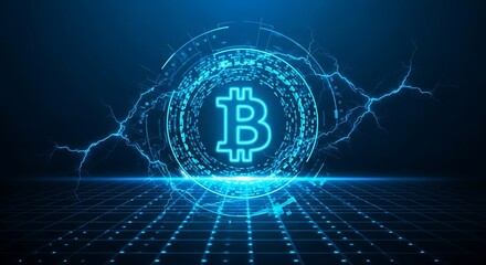 Futuristic Neon Bitcoin Logo Displayed On A Digital Blue Grid Floor With Electric Lightning Bolts And High Technology HUD Elements Representing Secure Blockchain Financial Power And Decentra