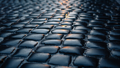 Fototapeta premium Wet cobblestone street reflecting warm light at dusk