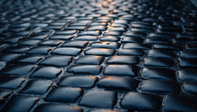 Wet cobblestone street reflecting warm light at dusk - Powered by Adobe