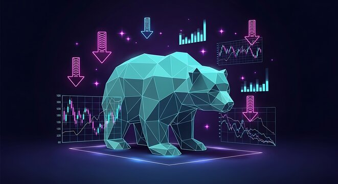 Futuristic Polygonal Bear Market Concept Illustration With Glowing Neon Financial Data Charts And Downward Trend Arrows Representing Investment Strategy And Digital Trading Analysis - Powered by Adobe