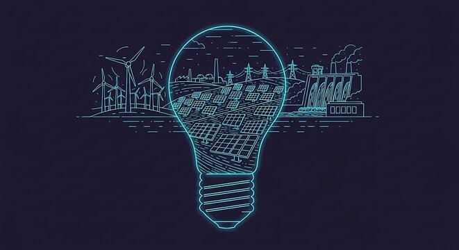 Glowing Neon Line Art Illustration of a Light Bulb Featuring Sustainable Energy Transition with Solar Panels Wind Turbines Hydroelectric Power and Traditional Factories