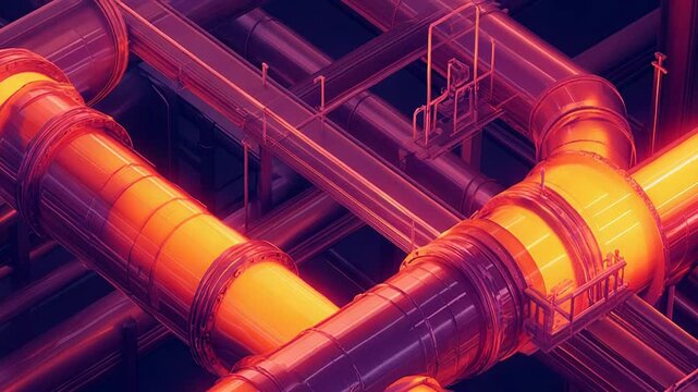 Industrial pipes system transferring bright glowing energy fluid