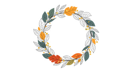 An illustrative autumnal wreath design featuring a mix of colored and outlined leaves with small yellow berries, on a clean white background.
