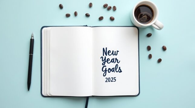 Open notebook with new year goals for twenty twenty five coffee beans and pen on a light blue background