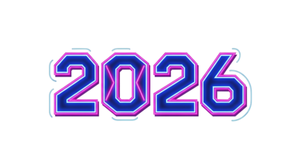 Glowing neon numerals display the upcoming year two thousand twenty six against a dark background