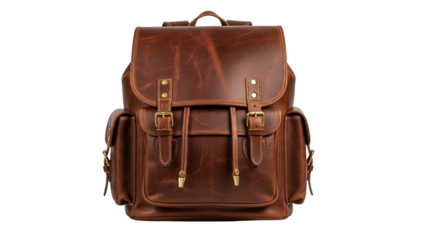 Detailed photograph captures an antique style brown leather rucksack against a dark background