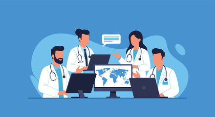 A team of diverse doctors in lab coats collaborates around laptops and a monitor showing a world map, discussing global health initiatives.