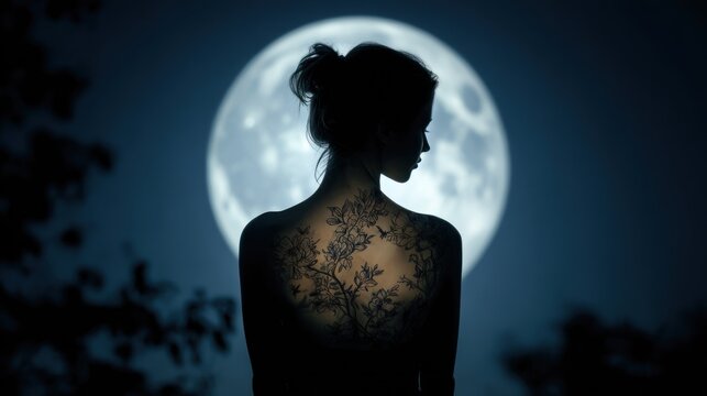 Woman silhouette tattoo moonlight
