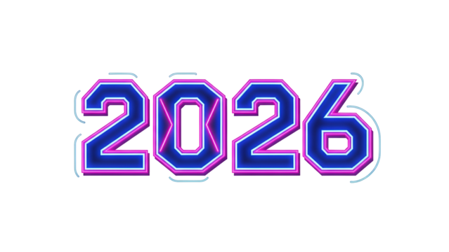 Glowing neon numerals display the upcoming year two thousand twenty six against a dark background