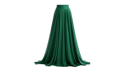 Long pleated flowing garment displays richly colored fabric texture against a dark backdrop