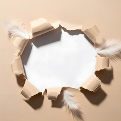 A torn paper frame with soft feathers on a neutral background.