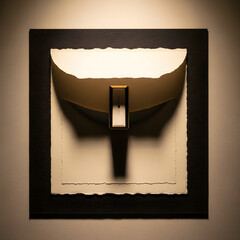 Abstract framed art piece with a metallic, boat-like sculpture and dramatic lighting against a textured paper background.