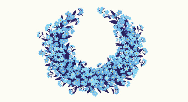 A beautiful circular wreath of delicate blue forget-me-not flowers and dark leaves on a light cream background, symbolizing remembrance.