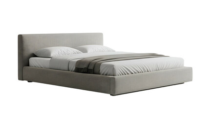 Contemporary upholstered platform bed with crisp white linens set against a solid black background