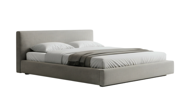 Contemporary upholstered platform bed with crisp white linens set against a solid black background