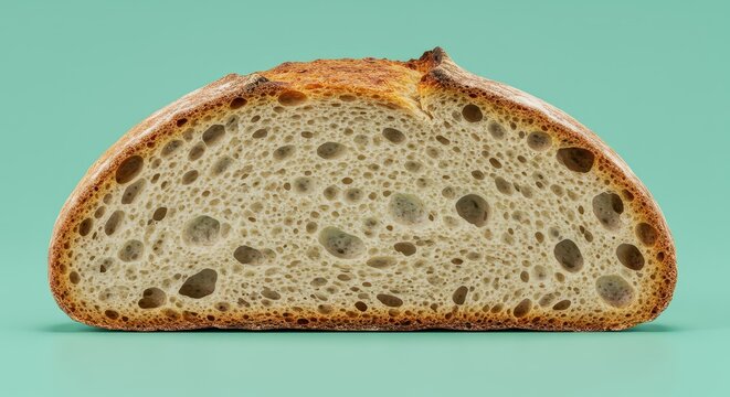 Cross section of rustic artisan loaf displays open crumb structure