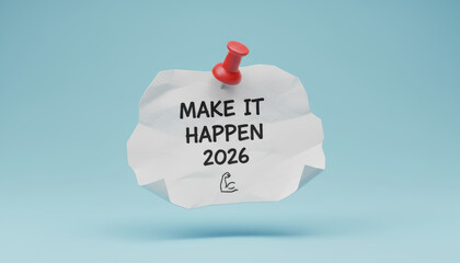 Crumpled paper note, red pushpin, motivation, goal, blue background, determination