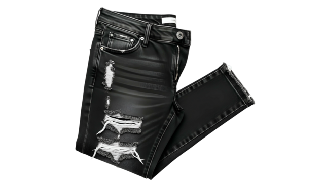 Dark wash denim trousers featuring distressed rips and frayed hems are displayed against a solid black background