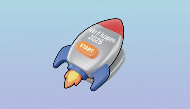 Rocket button start motivation, orange push button, blue fin, red nose, launch optimism