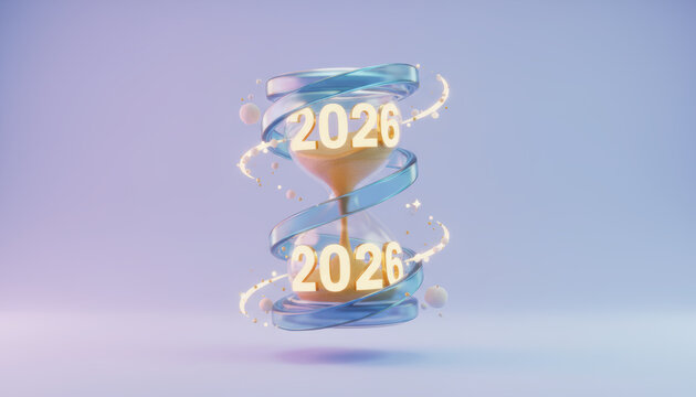 2026 hourglass spiral glass sand glow futuristic pastel light swirl Dynamic 2026 hourglass with