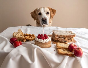 Dog anticipates food on a white cloth, a cake is center