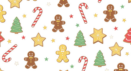 A cheerful seamless pattern featuring various festive gingerbread cookies and candy canes