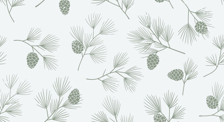 A seamless vector pattern features stylized pine branches and natural pinecones