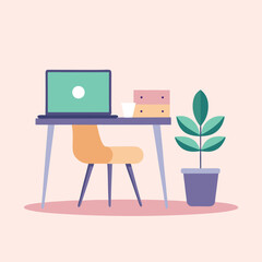 Modern minimalist home office setup featuring a laptop on a desk with a chair and a potted plant creating a clean and organized workspace