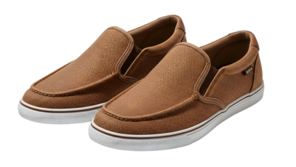 Brown canvas slip on casual shoes display against a dark background