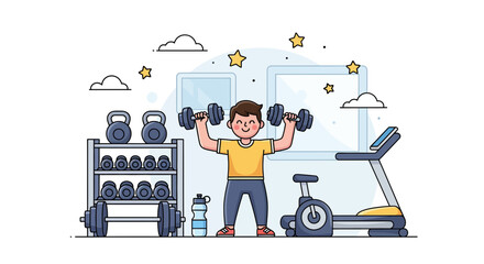 A happy man enthusiastically lifts weights in a bright, modern home gym setup.