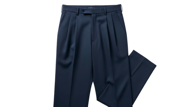 Tailored dark blue formal trousers with single pleats displayed against a black background