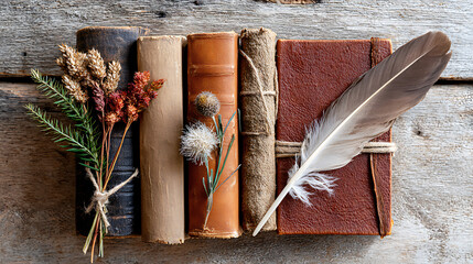 flat lay of vintage books, leather notebook, and quill pen on wooden table, evoking timeless writing and classic literature