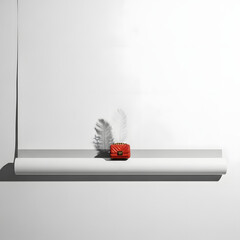 A small, bright orange purse sits on a minimalist white shelf with a feather casting a shadow.