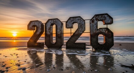 Fototapeta premium New Year 2026, rusty sign that reads 2026 on the beach.