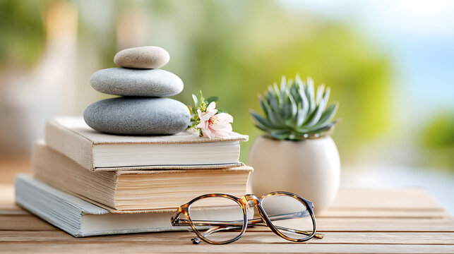 stack of vintage books with reading glasses on top beside a small plant, creating a cozy and intellectual reading atmosphere